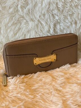 Michael Kors Brown Leather Zip Long Wallet with Gold Plate